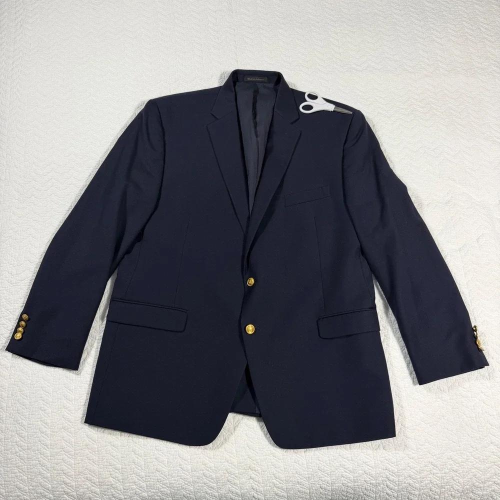 Lauren Ralph Lauren Mens Blazer 46R Wool Gold‎ Crest Button Navy Blue *READ*